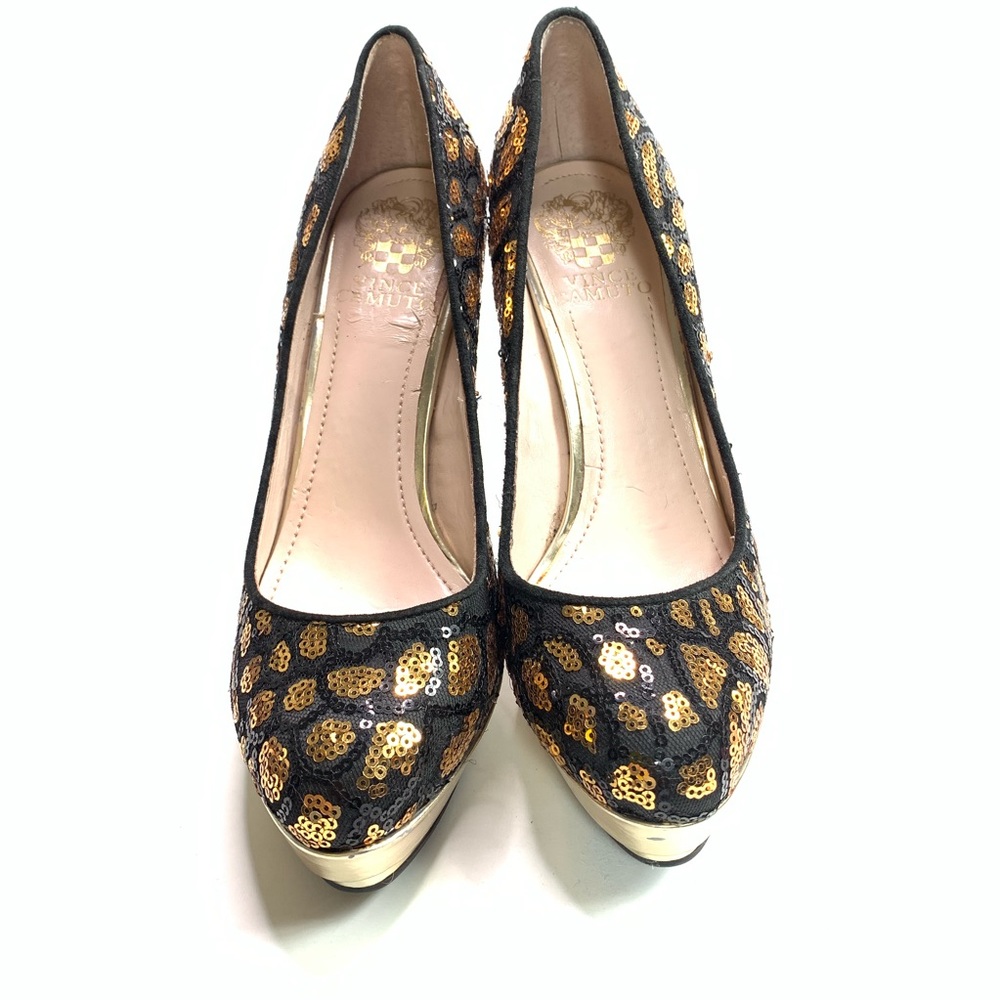 Vince Camuto Heels Gold Black Sequin Semi Platform - Picture 2 of 7